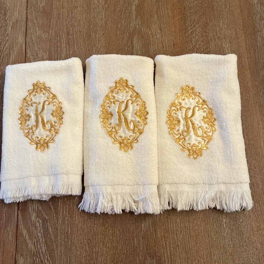 VTG Cannon Monogrammed Initial K Finger Tip Towel Lot Of 3 White With Gold